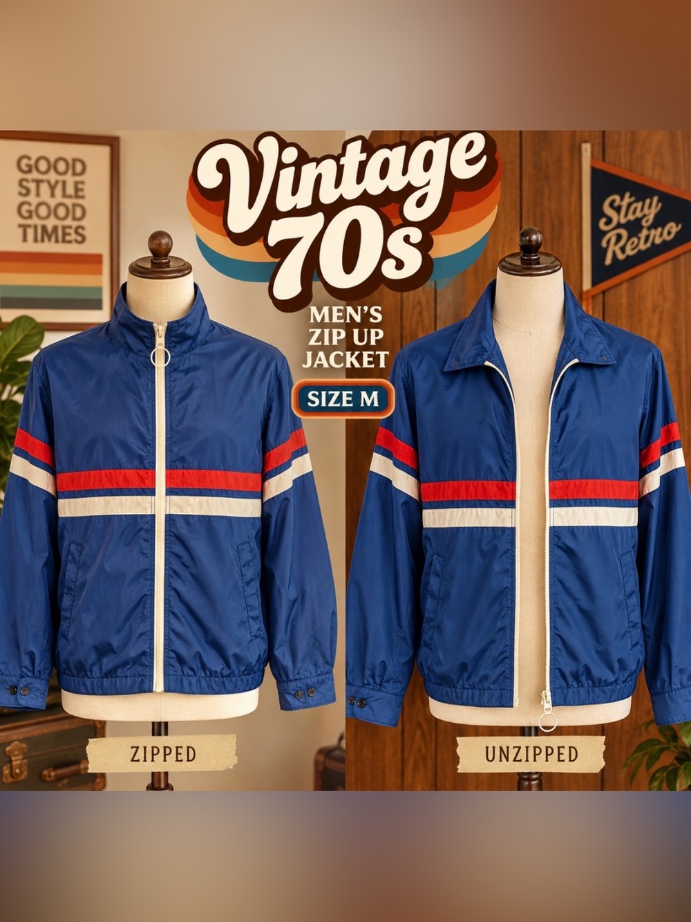 Vintage Men's Blue Windbreaker Jacket with Red & White Stripes